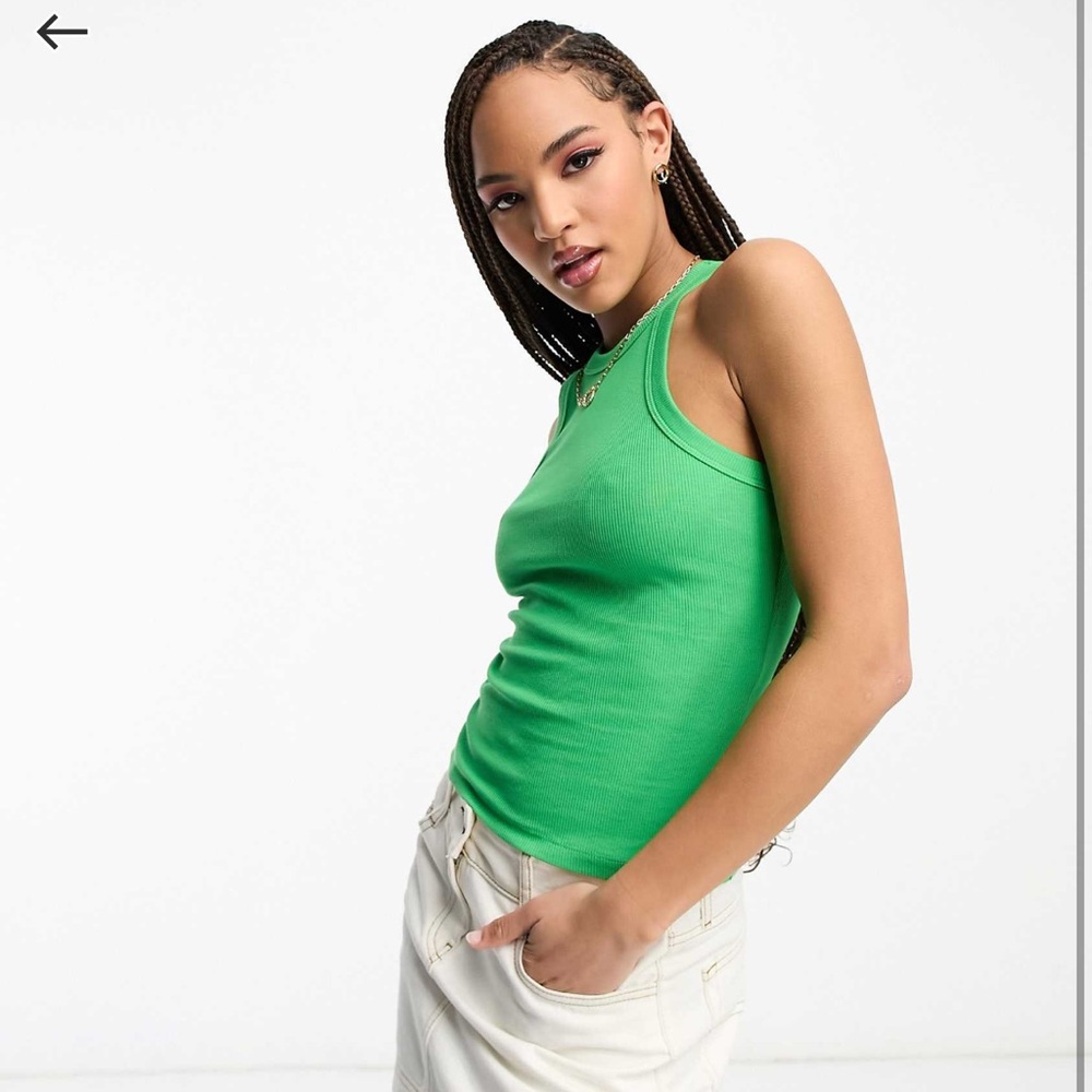 Monki Ribbed Racer Tank in Green - Picture 3 of 5